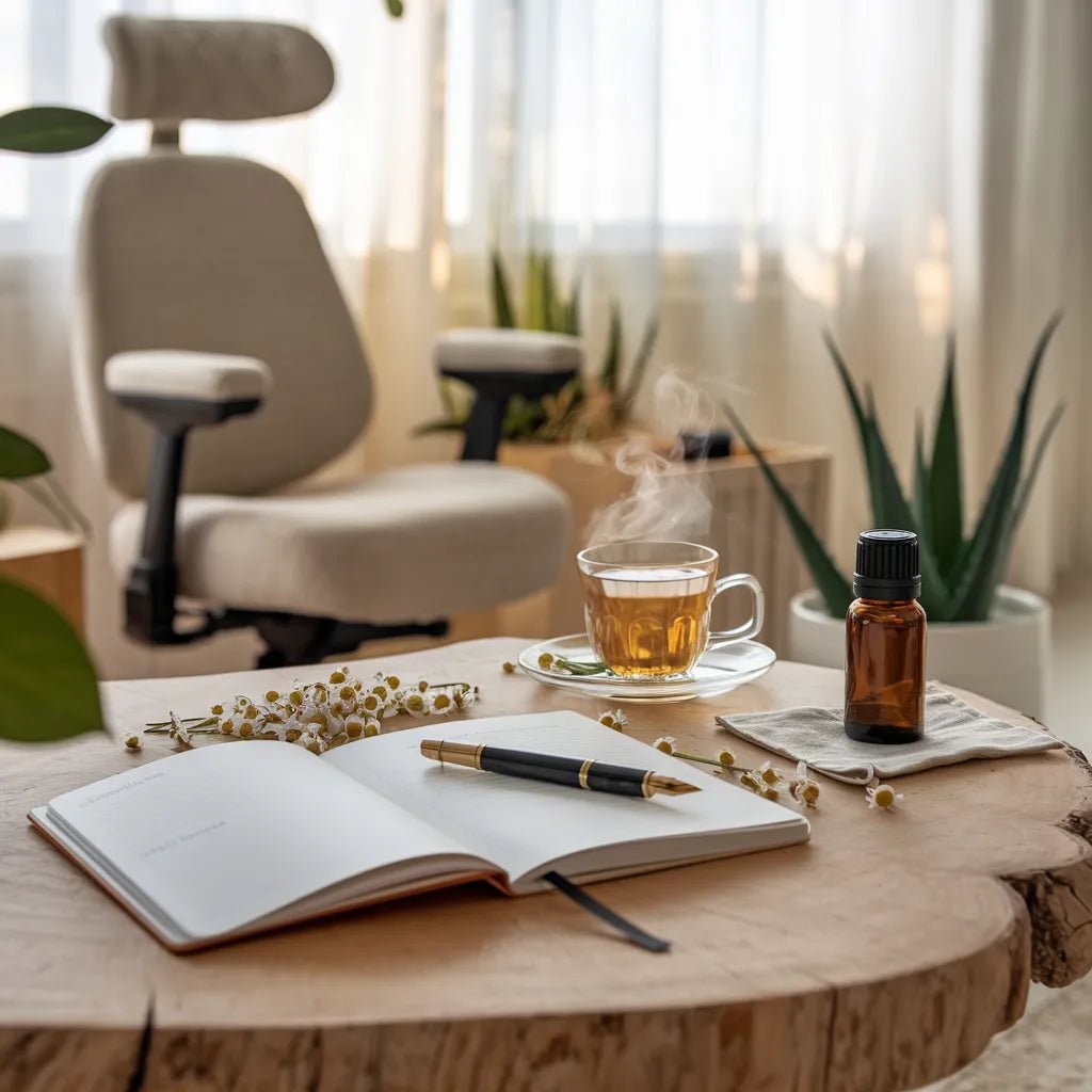 Table avec carnet de santé et thé pour soulager les douleurs chroniques.