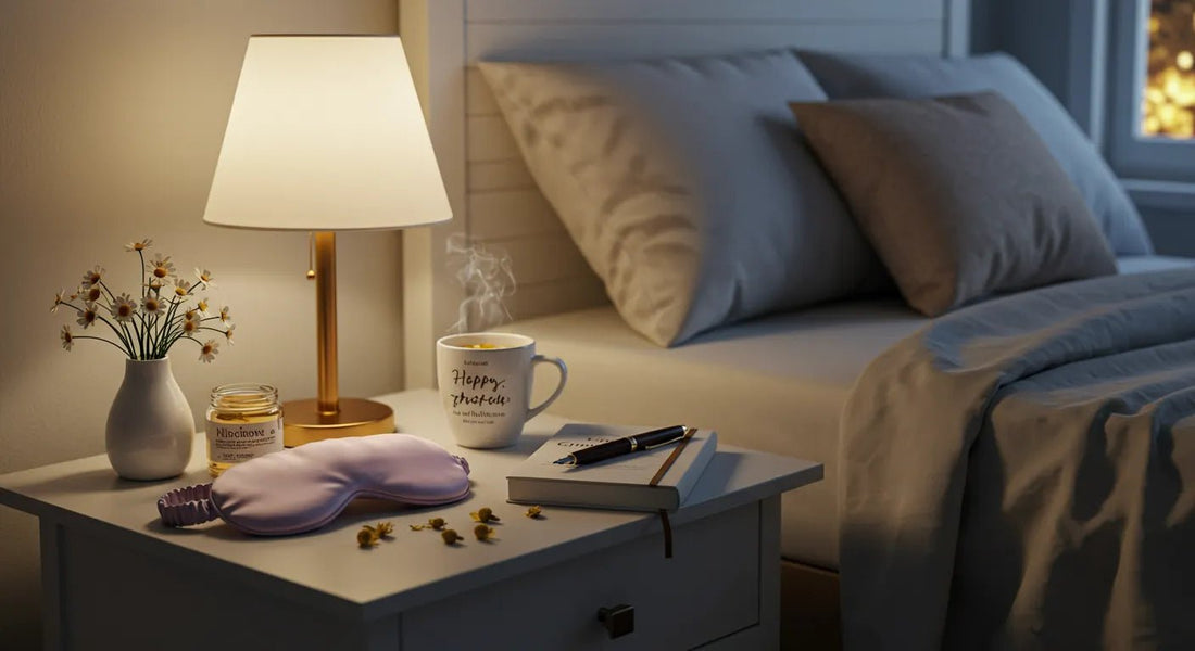 Table de nuit avec masque de sommeil et tisane pour soulager les migraines.